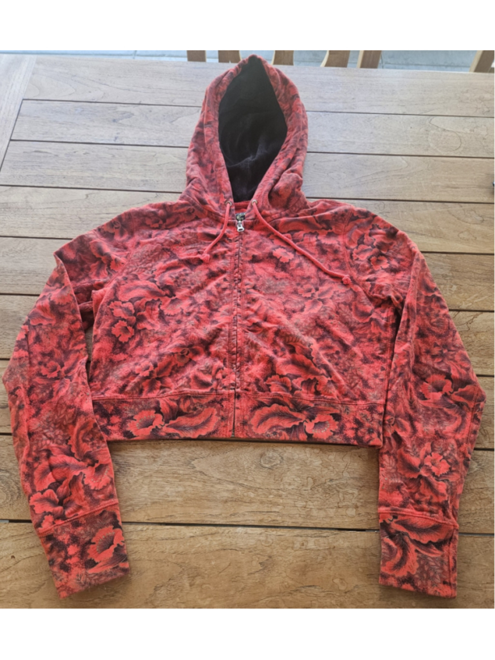 Vintage Y2K Lucky Brand Red Floral Lace Crop Zip Up Hoodie Size XL